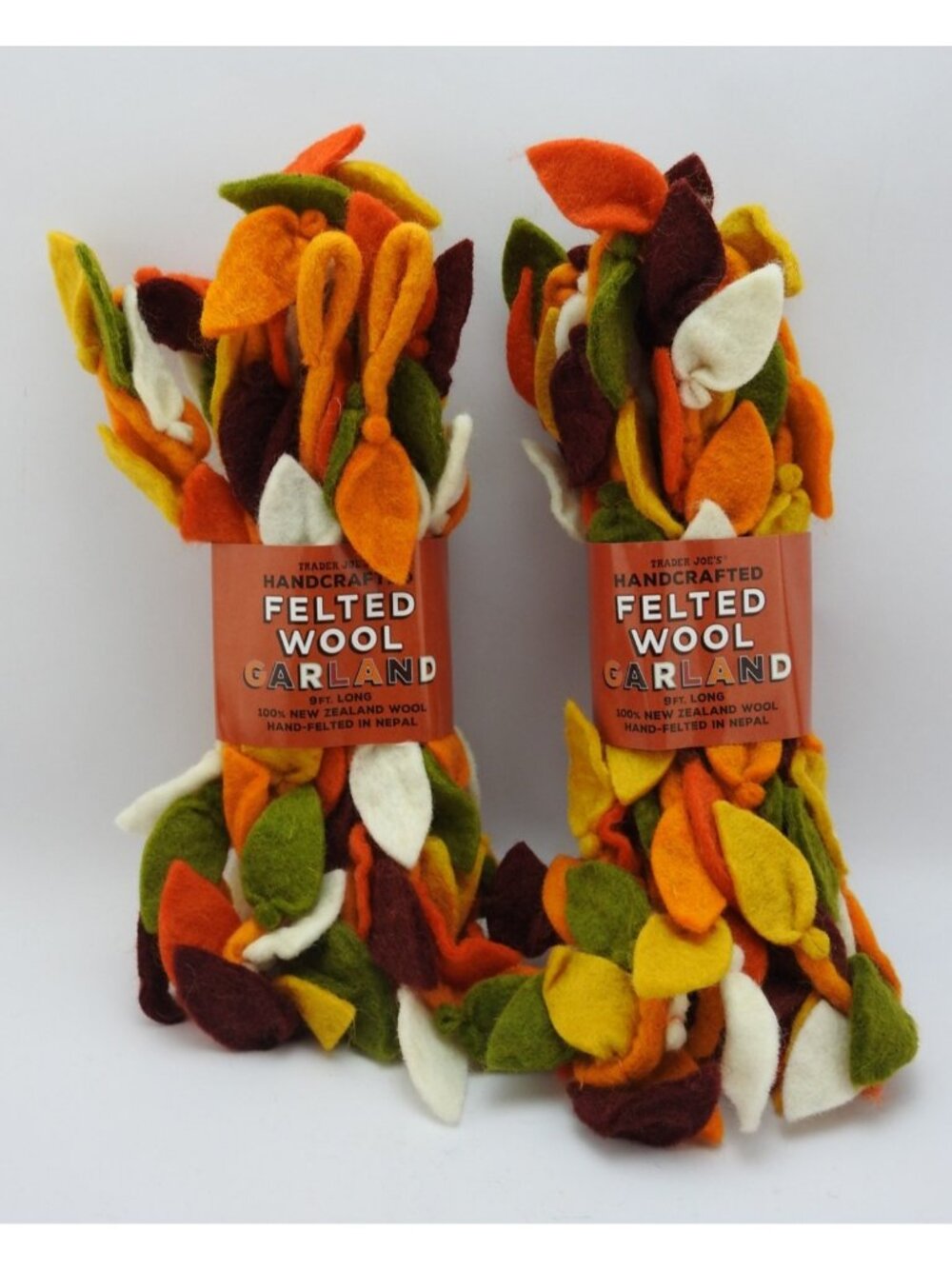 New Trader Joes Felted Wool Fall Leaf Garland 9 Ft Autumn Thanksgiving Set of 2